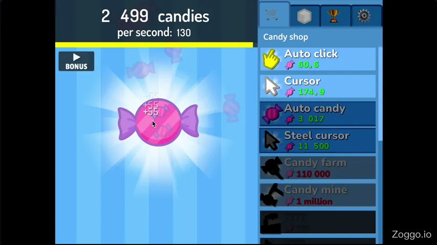 Animated Candy Clicker 2 gameplay showing the gold progress bar filling and golden candies floating across the screen to be clicked
