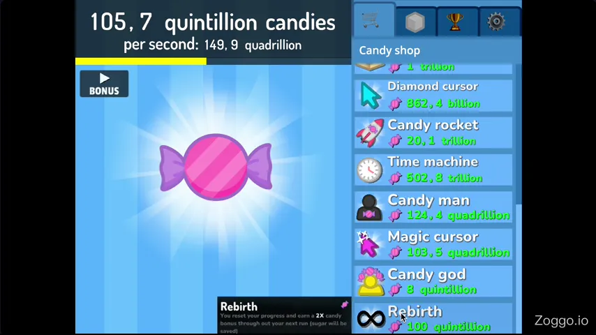 Animated Candy Clicker 2 Rebirth sequence showing the candy count resetting to zero and a 2x Rebirth bonus appearing in the corner