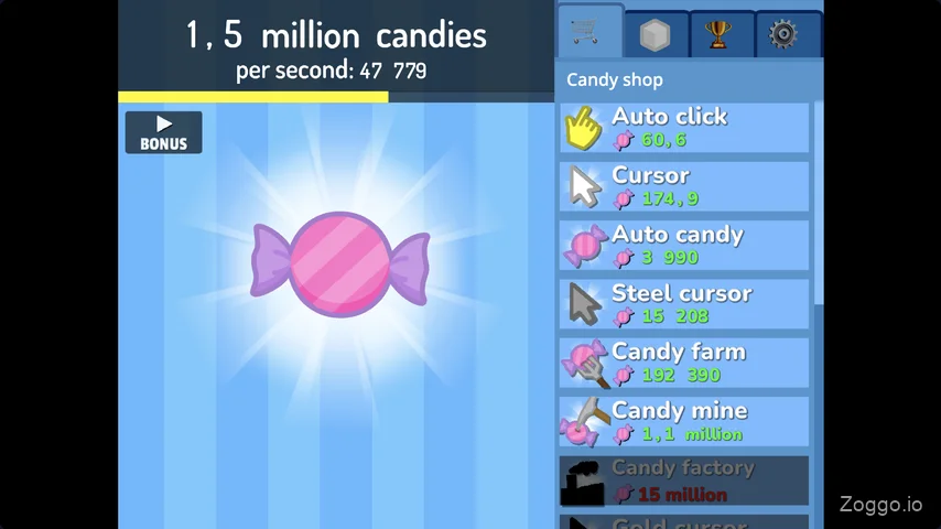 Candy Clicker 2 upgrade shop panel showing Candy Farm, Candy Mine, and Candy Factory tiers with escalating purchase costs