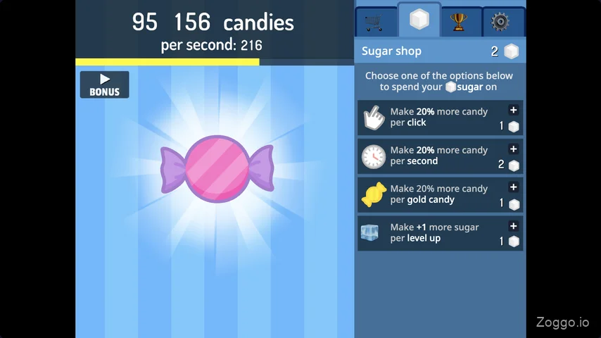 Candy Clicker 2 Sugar Shop interface showing four permanent production buffs purchasable with Sugar Cubes