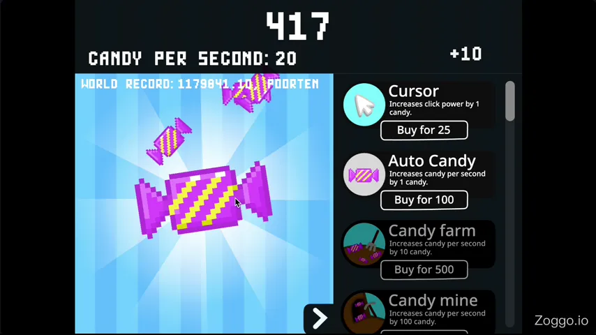 Candy Clicker core gameplay loop animation showing clicking, buying shop upgrades, and watching passive candy generation grow automatically