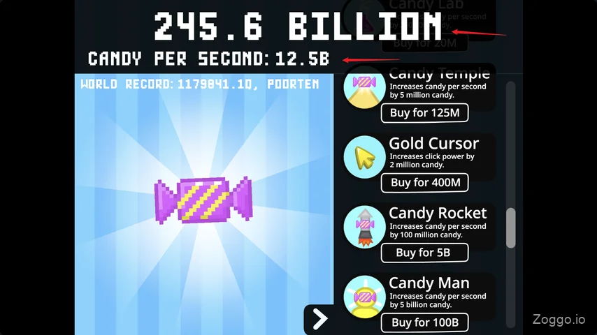 Candy Clicker late-game screenshot showing 12.5 billion candies generated per second with all automation upgrades unlocked