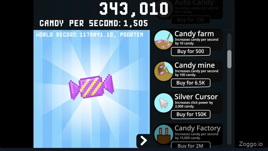 Candy Clicker shop interface displaying Candy Farm, Candy Mine, and Candy Factory upgrade options with progressively higher costs
