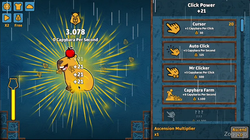Capybara Clicker double multiplier 2x bonus triggering golden capybara rain after filling energy bar with consecutive clicks