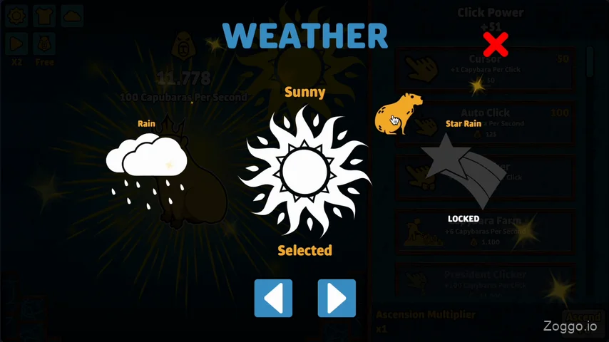 Golden capybara floating across Capybara Clicker weather selection panel, clickable even while the main screen is overlaid