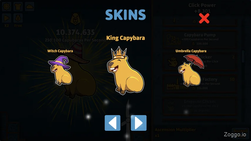 Capybara Clicker skins selection showing unlocked Witch, King, and Umbrella capybara outfits earned through population milestones