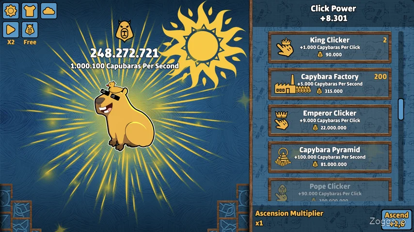 Capybara Clicker upgrade panel showing multiple purchases of the same low-cost upgrade for best cost-per-second efficiency