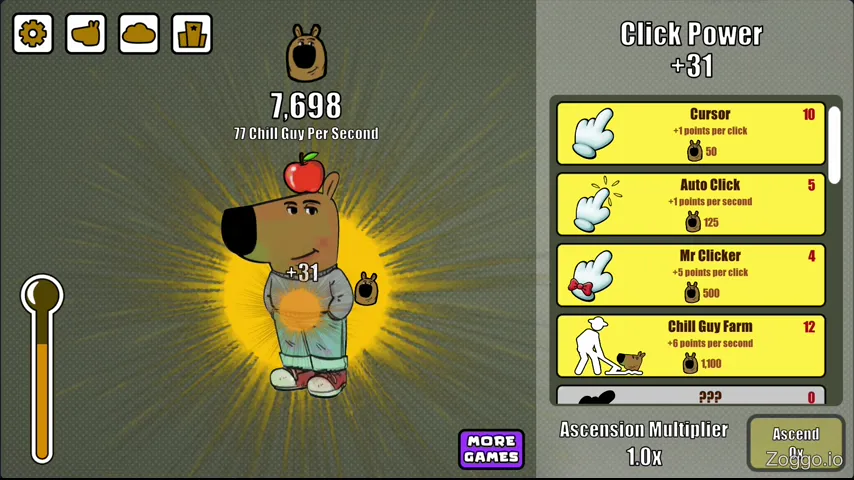Rapid clicking fills the bottom-left progress bar to trigger 2x mode, turning the background yellow while Chill Guys rain across the screen