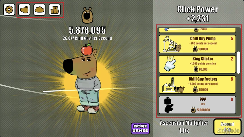 Chill Guy Clicker main interface with the character on the left, upgrade shop on the right, and skin, weather, and leaderboard controls top-left