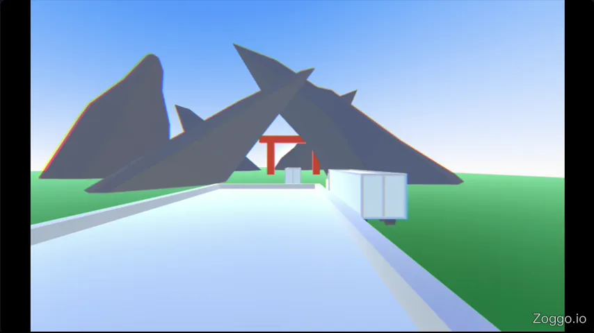 First-person parkour run in Cluster Rush leaping across moving truck roofs toward the red finish gate.