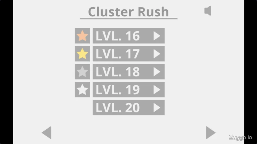 Cluster Rush level select screen showing earned gold, silver, and bronze stars for completed stages.