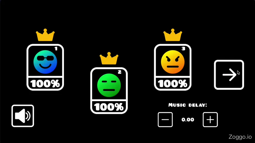 Geometry Arrow level select screen showing all 13 stages with color-coded emoji difficulty icons from calm blue to dizzy red