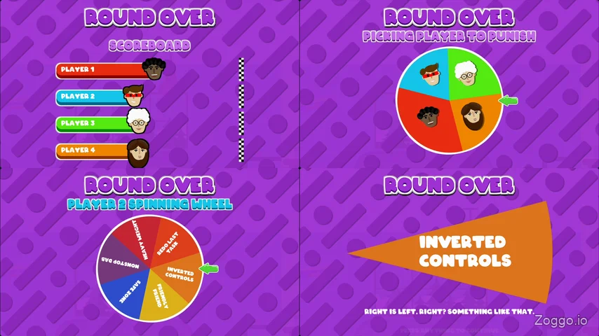 Wheel of Fortune screen showing each player's travel distance, sector size, and the drawn penalty in House of Hazards