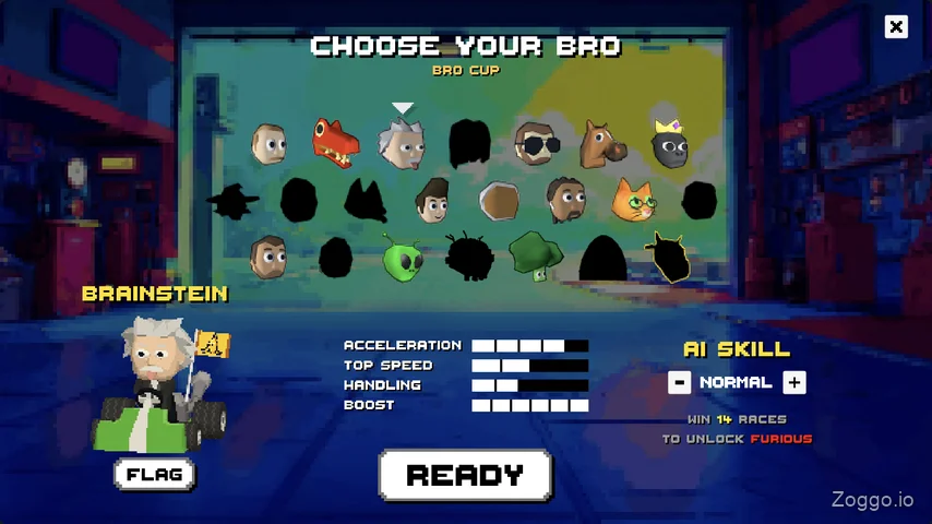 Character selection grid in Kart Bros displaying unlocked Bros and stat attributes
