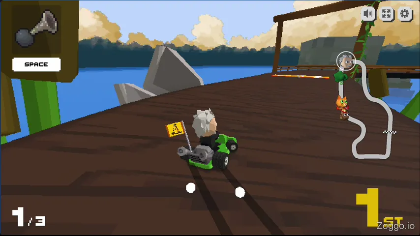 Ghost rescue balloon carrying a fallen kart back onto the racing track in Kart Bros