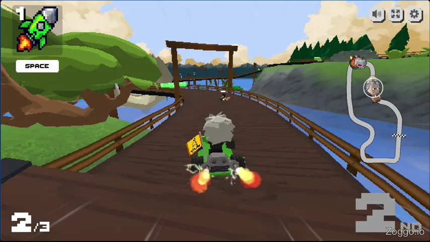 High-speed item combat in Kart Bros firing missiles and dropping banana peel hazards