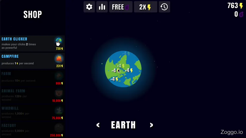 Manual clicking transitioning to automated passive energy production in Planet Clicker 2