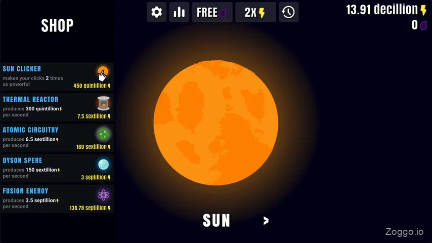 The Sun interface in Planet Clicker 2 showcasing advanced upgrades like Dyson Spheres