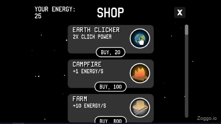 Earth upgrade menu showing Earth Clicker, Campfire, and Farm options