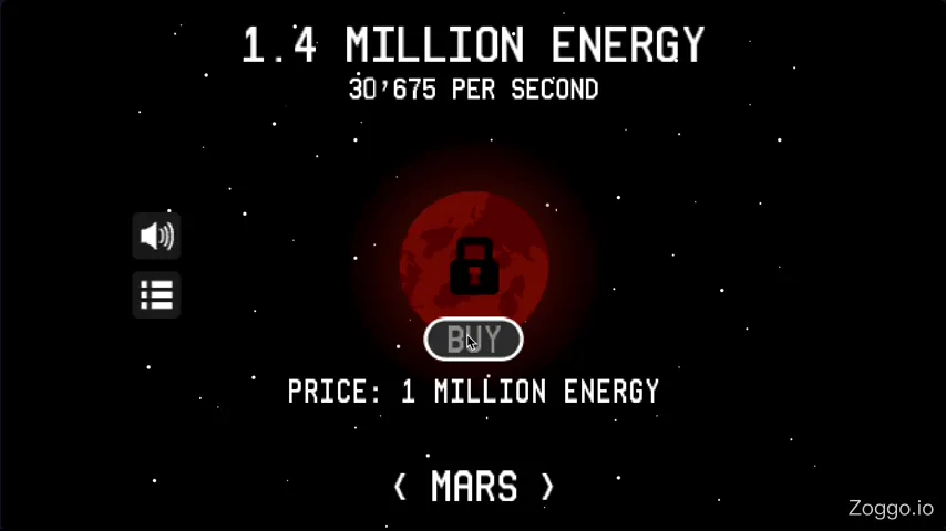 Mars shop menu with upgrades unlocking at a default 1000 energy per click