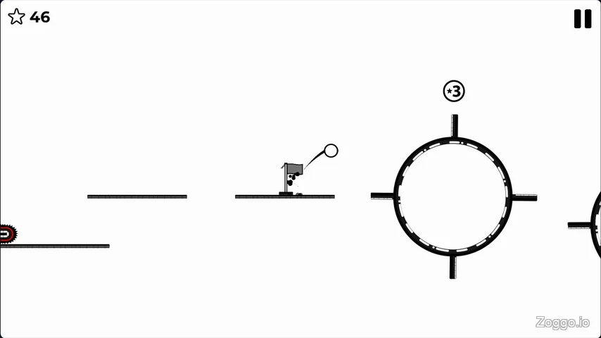 Rodha gameplay showing an activated checkpoint flag, rotating platform, and a coin marked with the number 3.