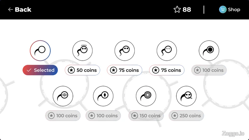 Rodha character skin shop menu displaying ball skins priced between 50 and 250 coins.