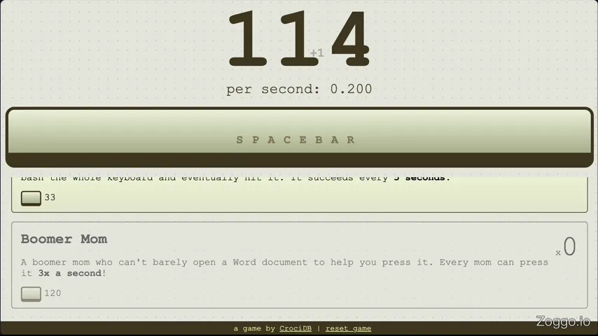 Spacebar Clicker core loop showing manual clicks, buying helpers, and automatic score growth