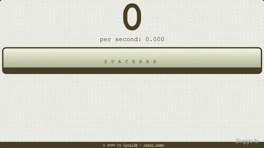 Spacebar Clicker clean starting screen with a green spacebar button, zero points, and an empty upgrade area