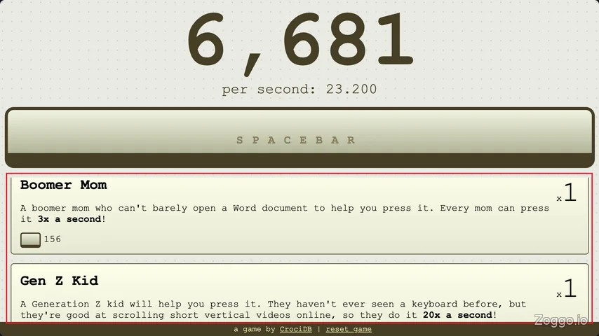 Spacebar Clicker upgrade shop showing unlocked helpers such as Boomer Mom and Gen Z Kid